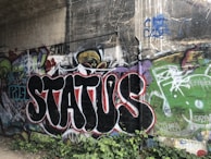 A concrete wall covered with vibrant graffiti art. The focal point is the word 'STATUS' painted in bold, black letters outlined in white and red. Surrounding the main graffiti are various abstract shapes and colors, with greens, purples, and blues prominently featured. The wall has a weathered appearance with some areas of paint drips and cracks.
