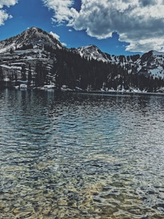 A tranquil lake reflecting towering snow-capped peaks on a clear day.