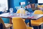 blue drinking glasses on table