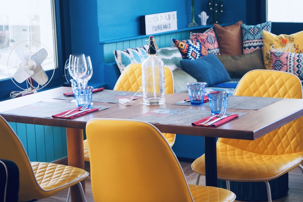 blue drinking glasses on table