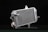 A metallic car radiator is placed against a dark background, highlighting its shiny silver surface and intricate grid of cooling fins. The radiator has several metal connectors protruding from its sides, and a cap with a caution label is visible in the lower area.