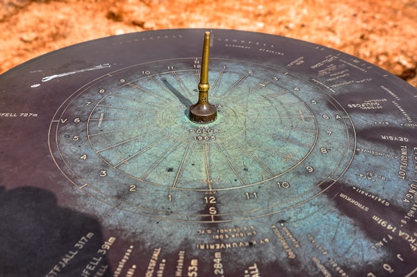 Sundial in copper with deep green patterning and gold text.