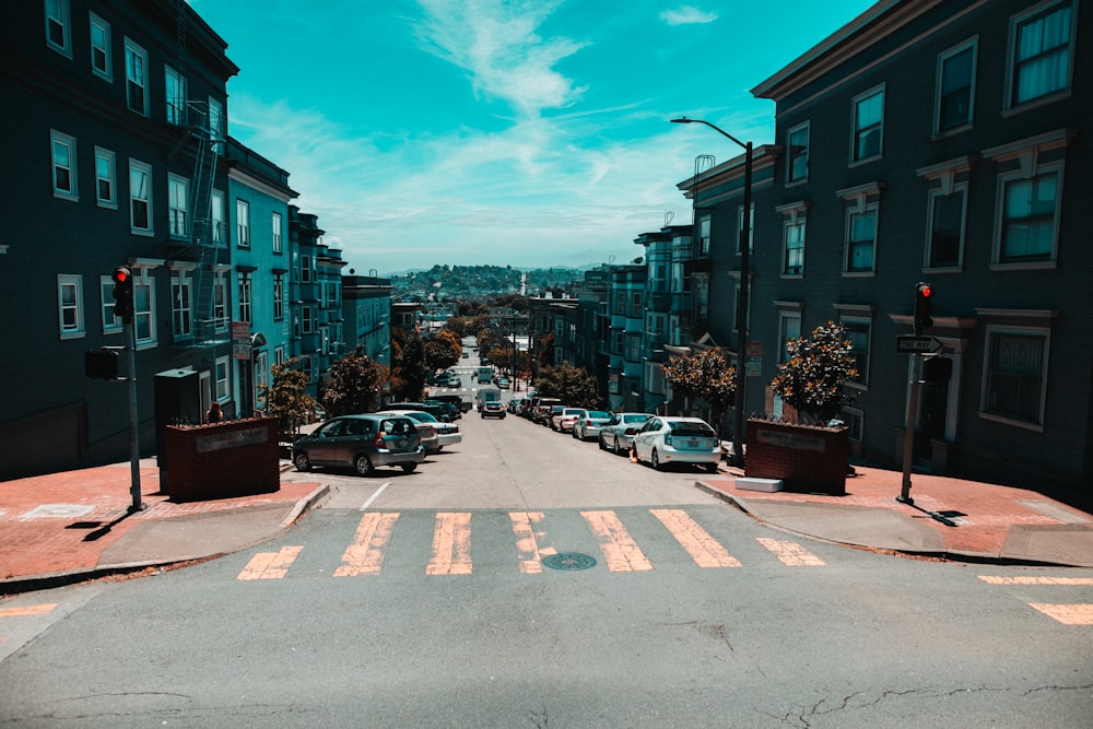 vehicles on road between high buildings at daytime