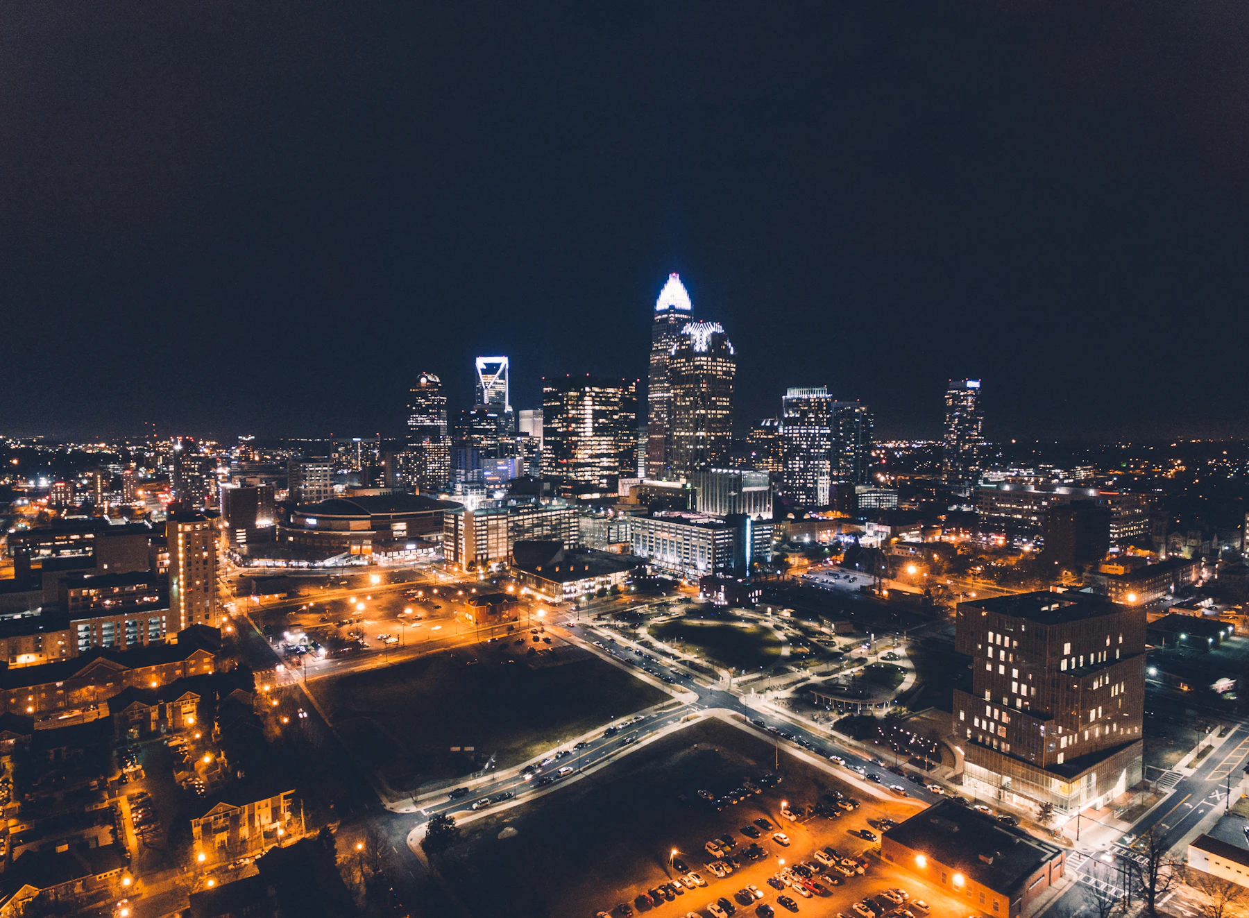 Aerial view of Charlotte, NC skyline at night