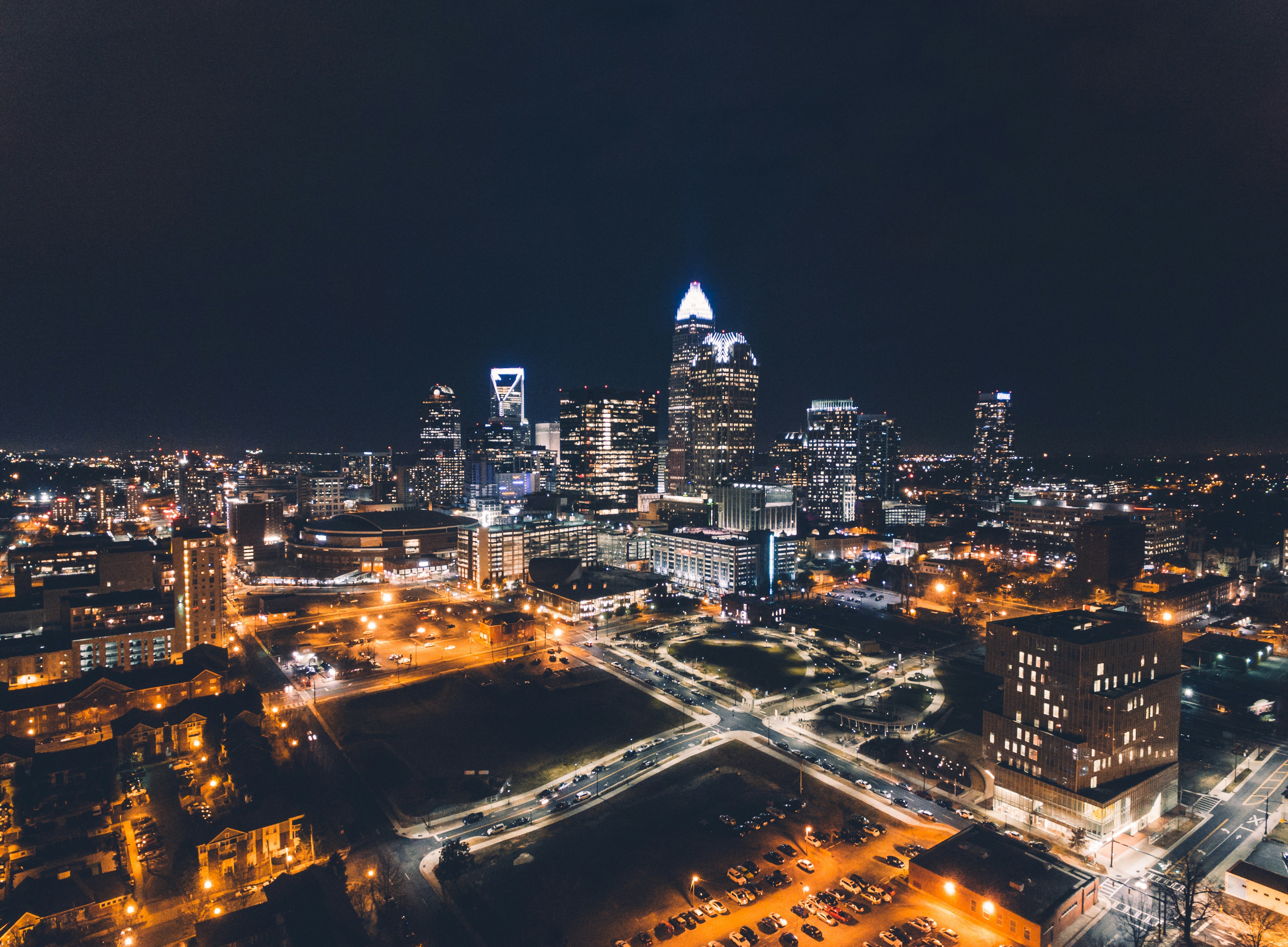 Uptown Charlotte, NC, at night.