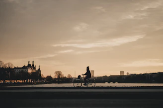 An early morning shot of Düsseldorf's skyline with a cyclist silhouetted against the rising sun.