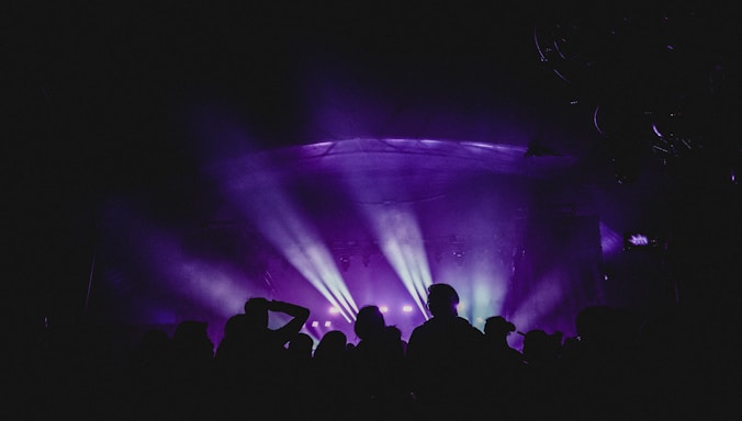 A vibrant concert scene with a diverse crowd enjoying live music under colorful lights.