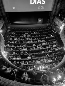 A black and white photograph captures an overhead view of a theater auditorium. The seats are filled with people awaiting a performance or presentation. The ornate architectural details of the theater are visible, including decorative moldings and chandeliers. A large screen at the front of the auditorium displays text and a countdown timer.