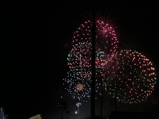 Bright and colorful fireworks illuminate the night sky with bursts of red, green, and pink lights. The explosions create intricate and symmetrical patterns that stand out against the dark background.