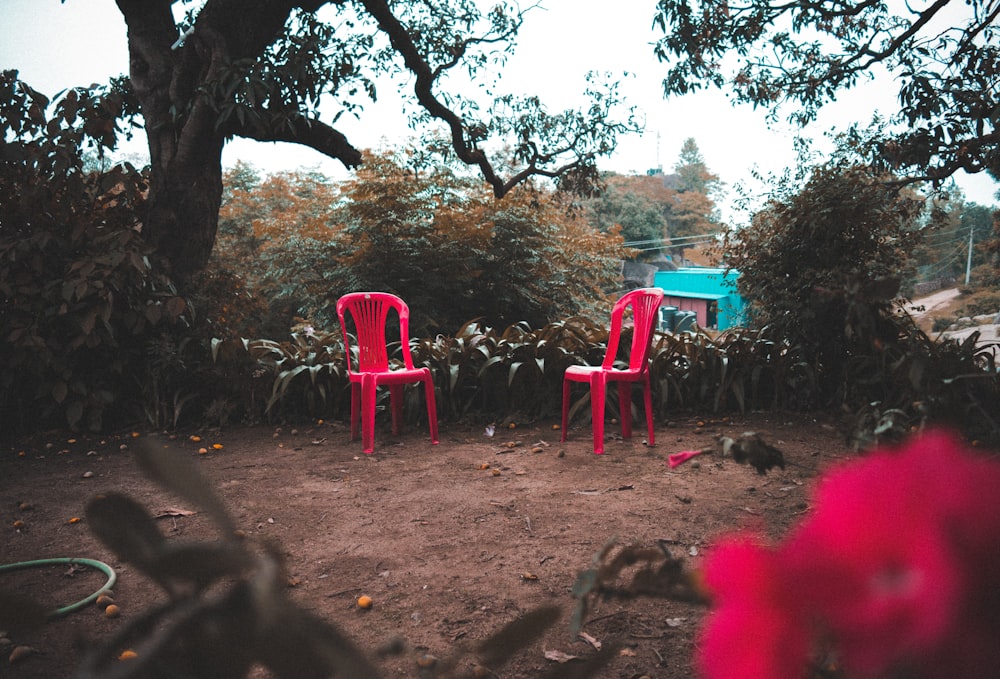 two red monobloc chairs near trees