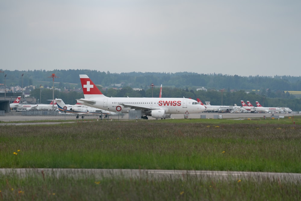 white and red Swiss airplane during daytime