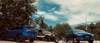 A serene landscape featuring electric vehicles parked under green trees.