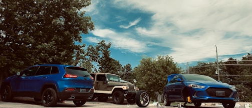 A serene landscape featuring electric vehicles parked under green trees.