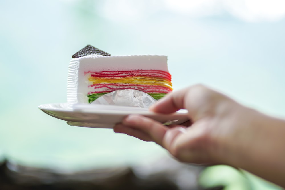 a person holding a plate with a piece of cake on it