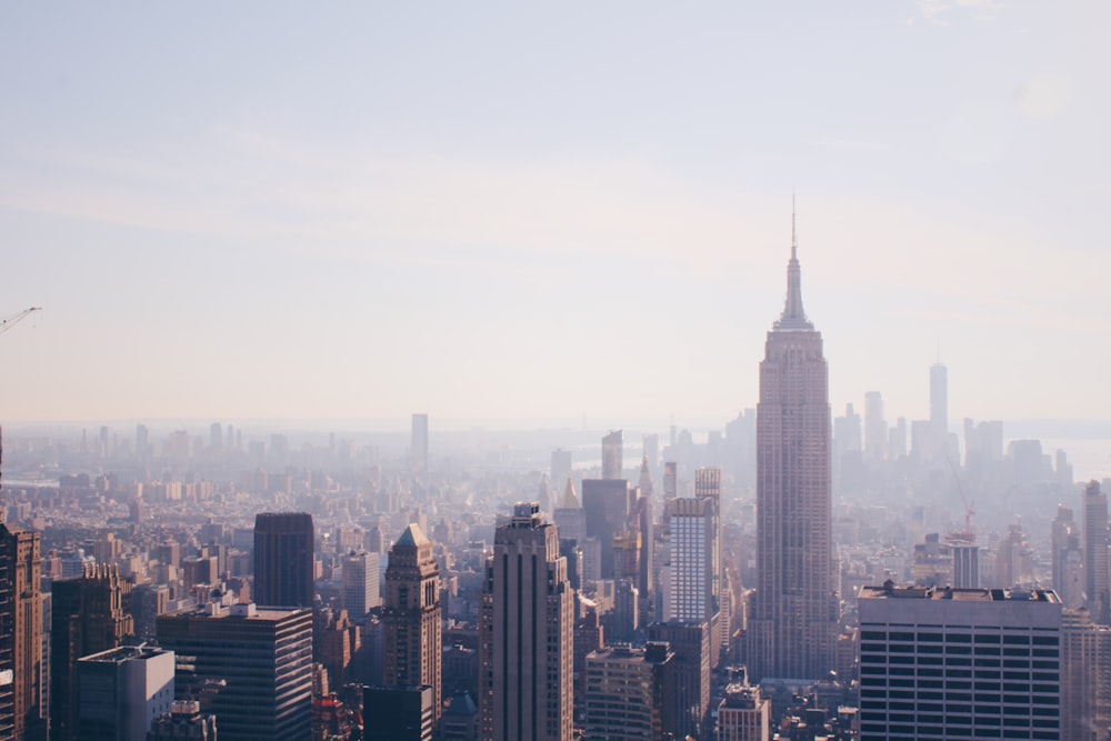 aerial photography of city buildings under white sky