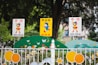 Three colorful signs with animated characters are displayed at the entrance of a school. The center sign is yellow with a blue boy holding a toy, while the two white signs on either side feature a girl in a red dress and yellow outfit. The signs are mounted on a fence decorated with floral motifs and playful designs, surrounded by greenery.