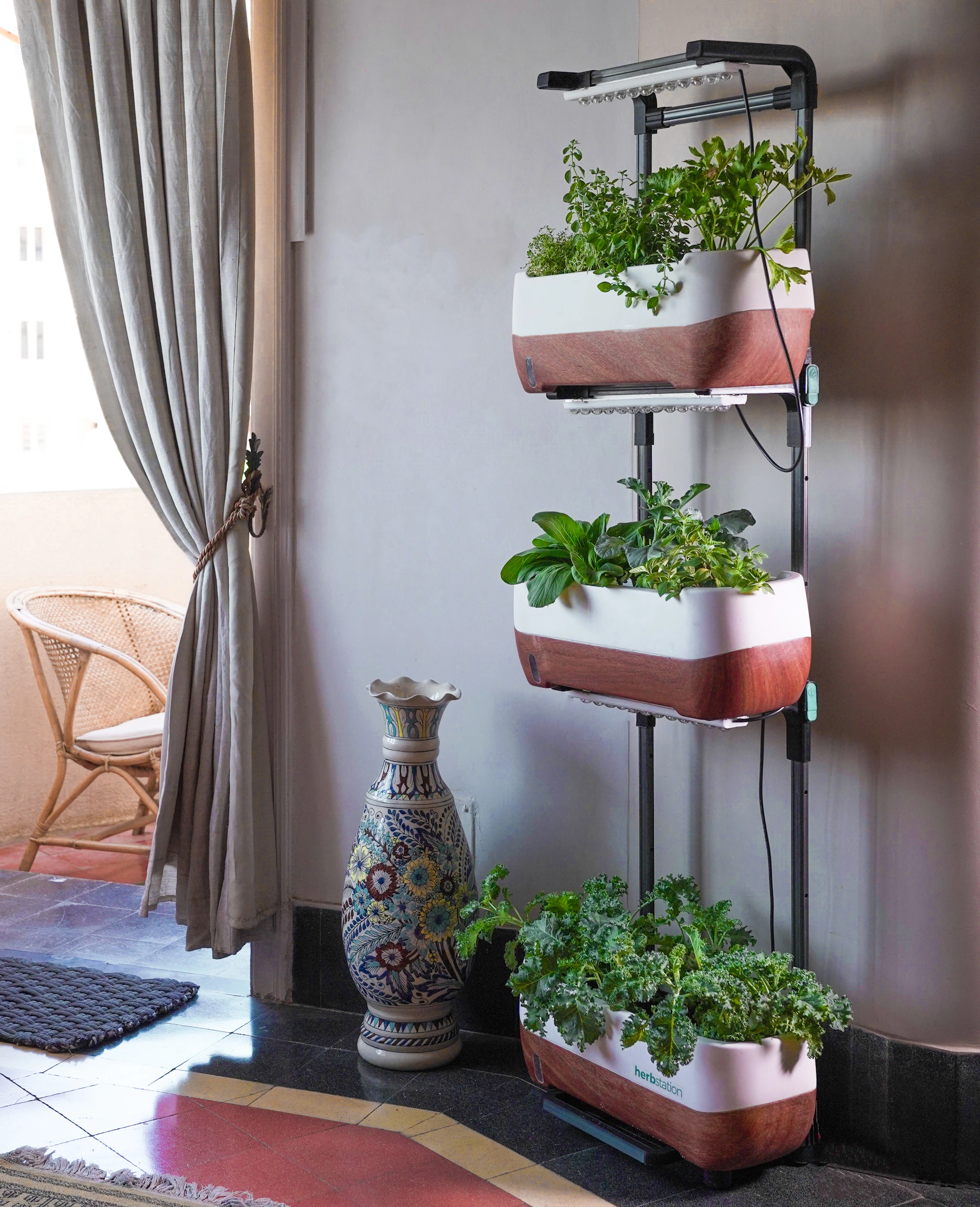 Indoor vertical herb growing station with fresh plants for eco living at home