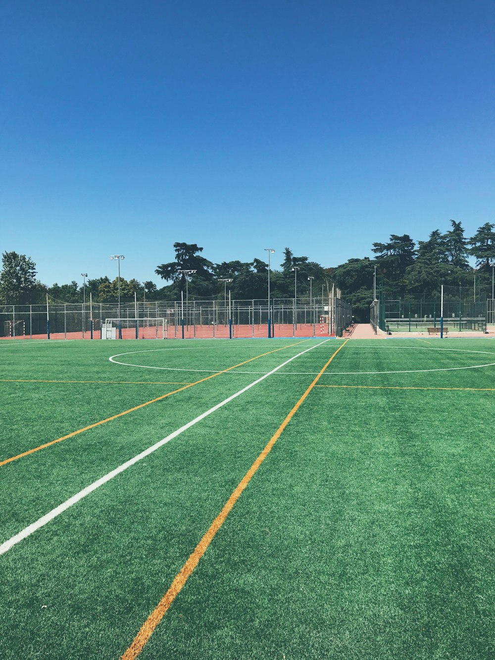 Campo de futebol verde sem pessoas perto de árvores