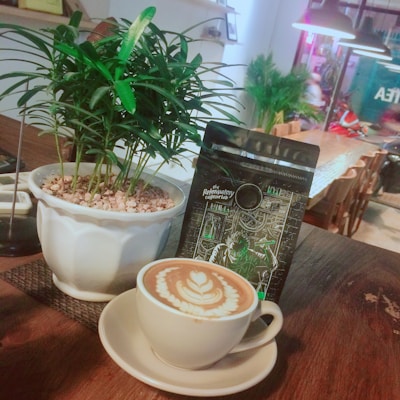 A potted green plant with pebbles is placed on a wooden table beside a packaged coffee product. In front of the package, there is a cup of coffee with a beautifully crafted latte art. The background shows a cafe interior with a long wooden table and chairs, decorated with additional plants and illuminated by hanging lights.