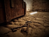 Close-up of antique keys and locks symbolizing the mystery of the donjon.