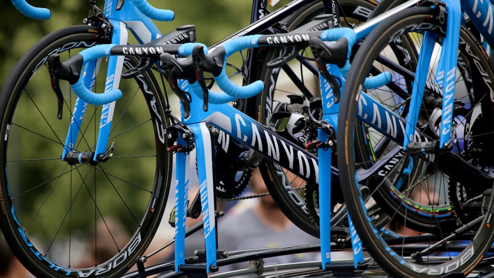 a close up of a bike rack with bikes on it