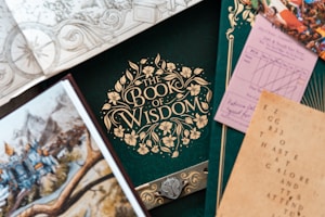 An assortment of books and papers featuring ornate designs and illustrations. The focal point is a green book titled 'The Book of Wisdom' with an intricate floral pattern. Surrounding items include a map, a drawing of a medieval landscape, a patterned envelope, and a card with printed text. The composition suggests themes of exploration, knowledge, and creativity.