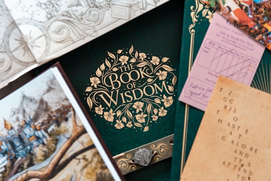 An assortment of books and papers featuring ornate designs and illustrations. The focal point is a green book titled 'The Book of Wisdom' with an intricate floral pattern. Surrounding items include a map, a drawing of a medieval landscape, a patterned envelope, and a card with printed text. The composition suggests themes of exploration, knowledge, and creativity.