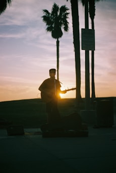 A silhouette of a person playing a guitar against a backdrop of a sunset. The sun is partially visible through the guitar, creating a warm glow. Tall palm trees and a street sign are in the background, adding to the serene atmosphere.