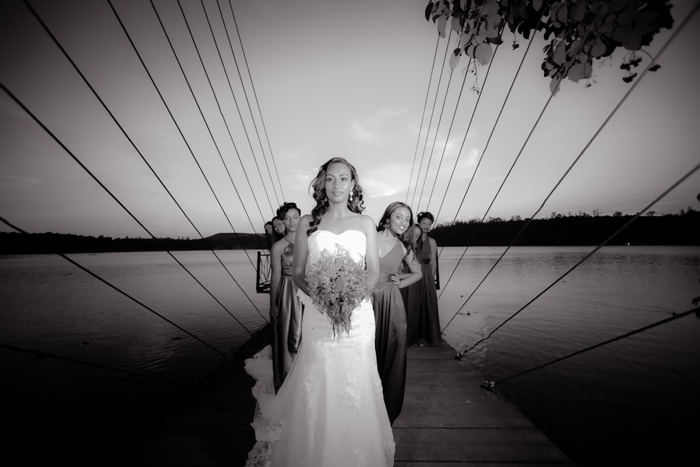 grayscale photo of woman wearing wedding dress