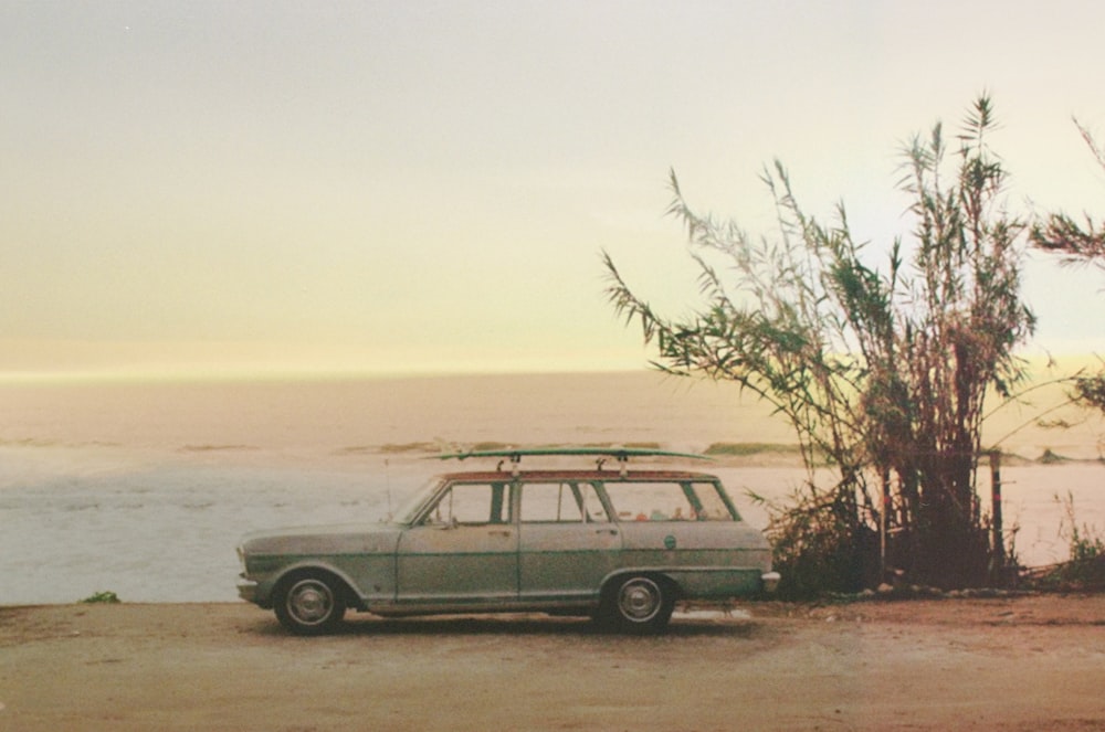 silver station wagon near body of water