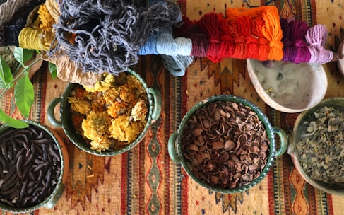 A collection of weaving supplies, showcasing natural materials.