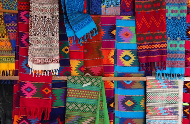 A vibrant display of various textiles and fabrics.