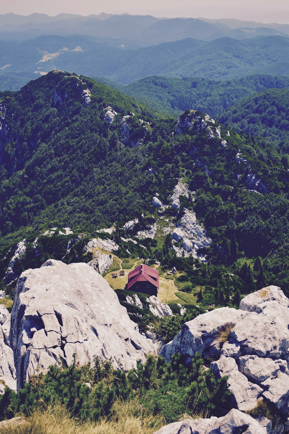 red house on mountain viewing forest