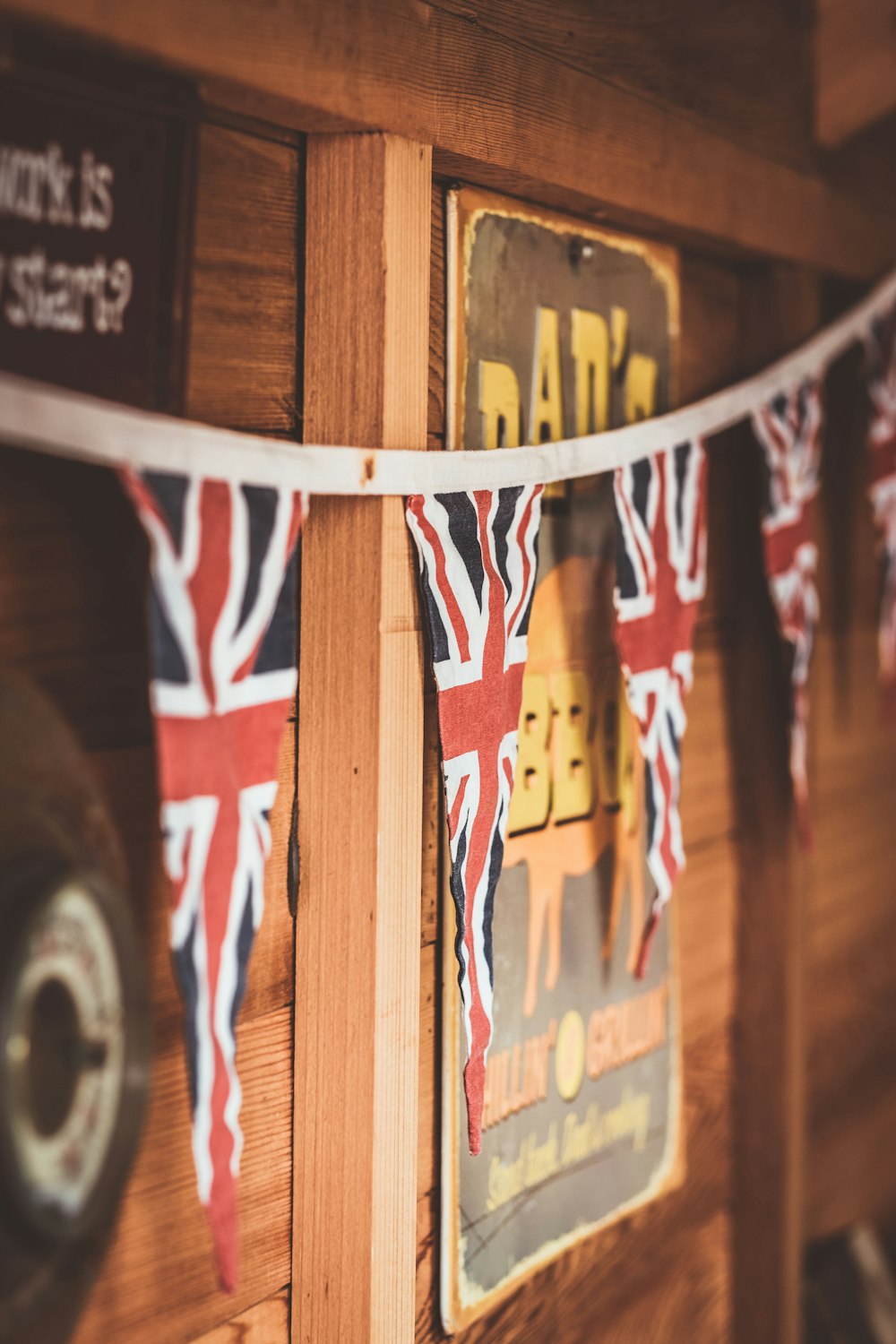 British flag banners hanging on white string