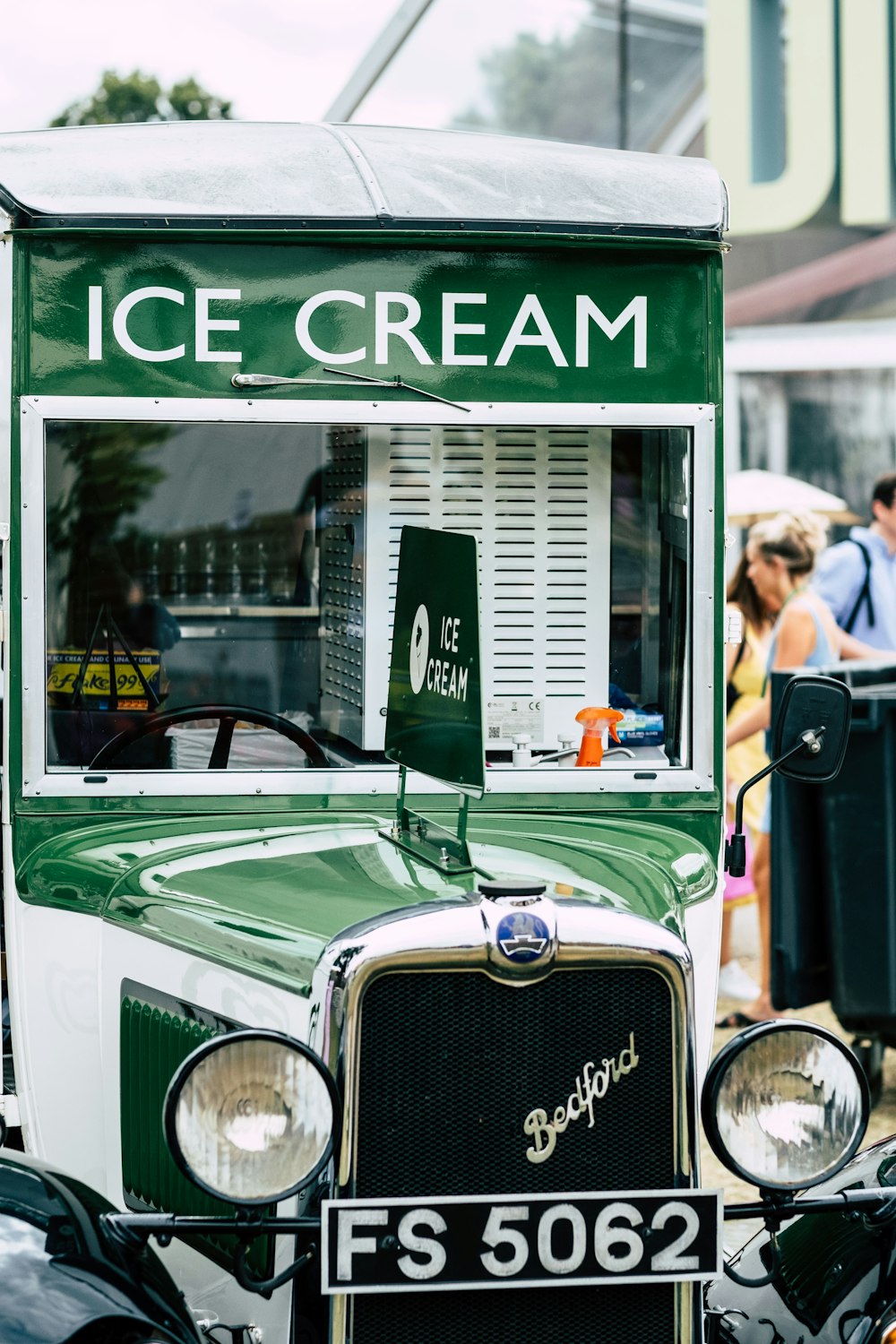white and green Ice Cream vintage truck