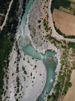 A high-altitude photo of a winding river cutting through a valley, highlighting natural curves.