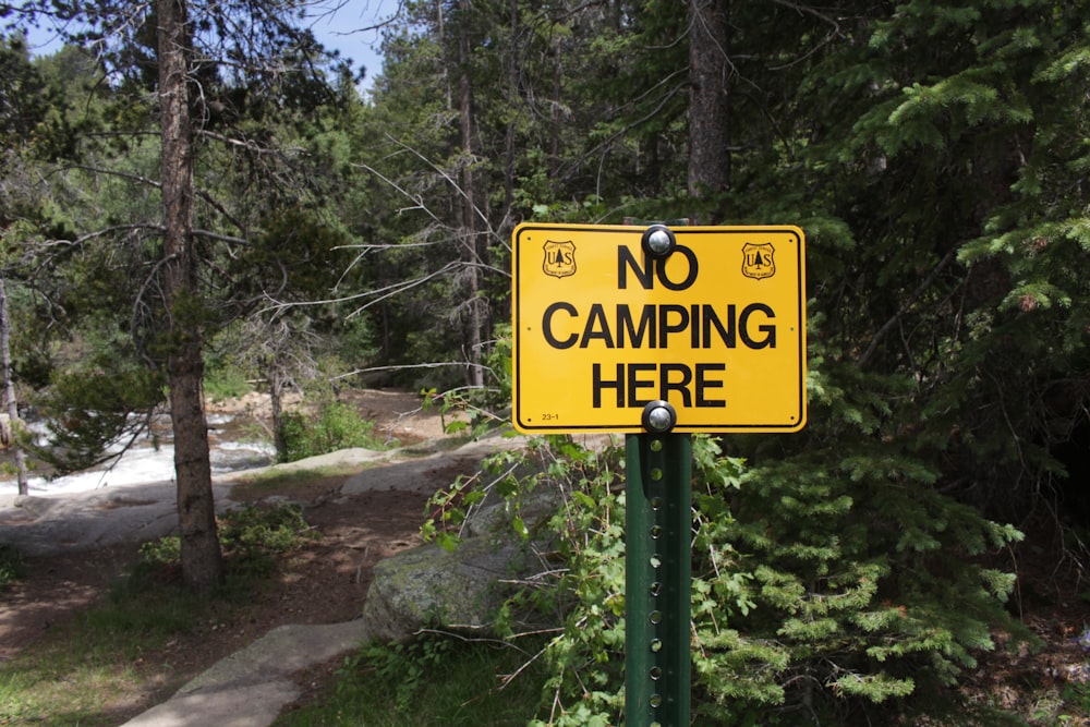 yellow and black No Camping Here metal signage