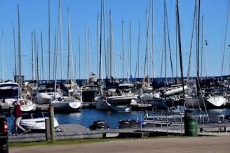 A marina filled with numerous sailboats docked side by side. The boats have tall masts and are aligned neatly. A blue sky spans overhead, and the water in the marina is calm. On the dock, a person wearing a red jacket and cap is walking past various equipment. In the foreground, a small motorboat is tied to the pier.