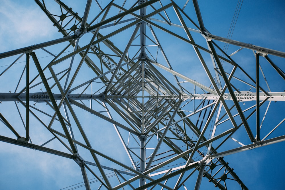 low-angle photography of gray stainless steel tower