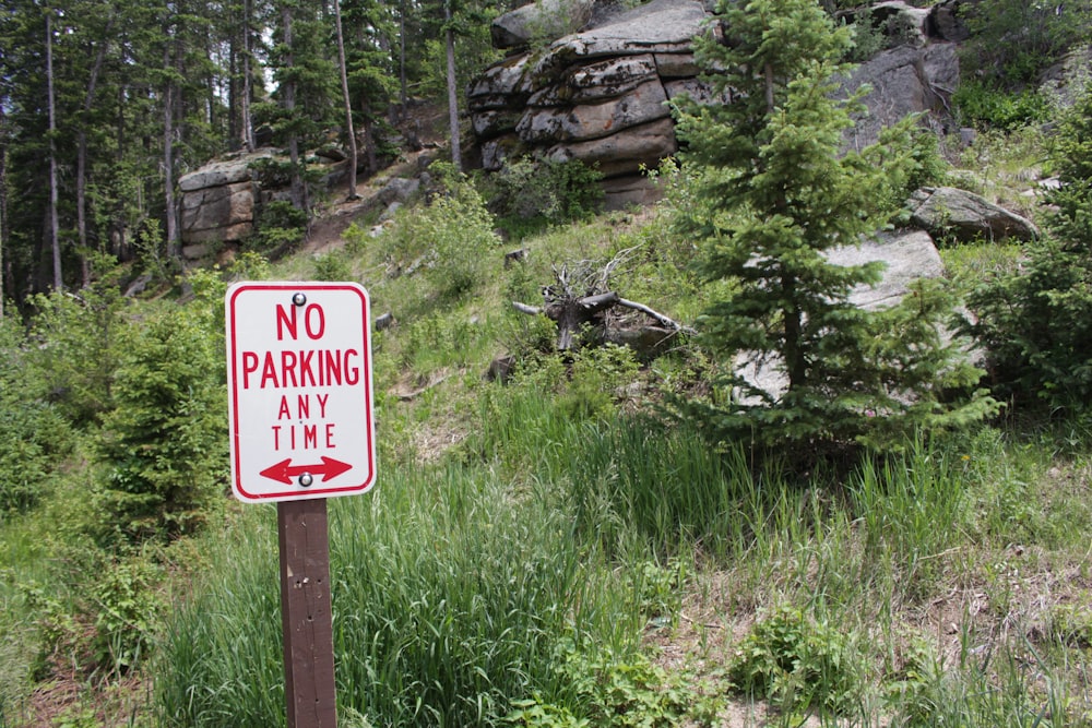 white and red No Parking Any Time metal signage