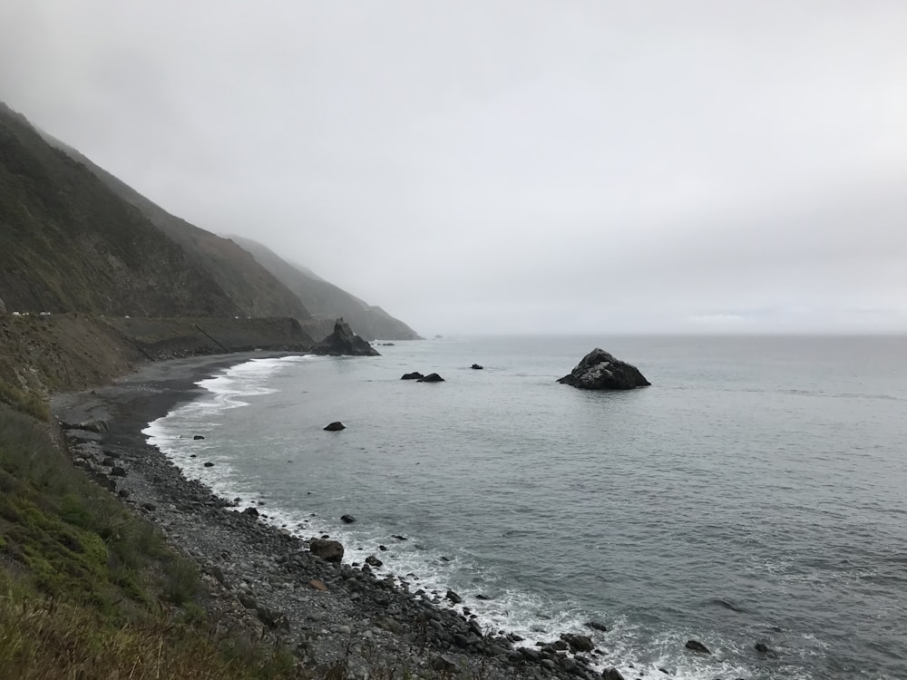 a body of water near a rocky shore