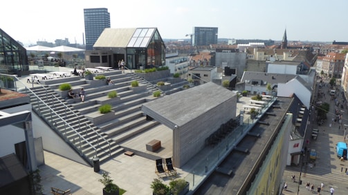 Rooftop garden with diverse plants and seating areas in urban setting.