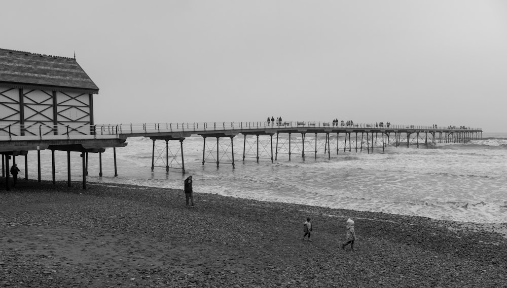 grayscale photography of bridge surrounded by body of water