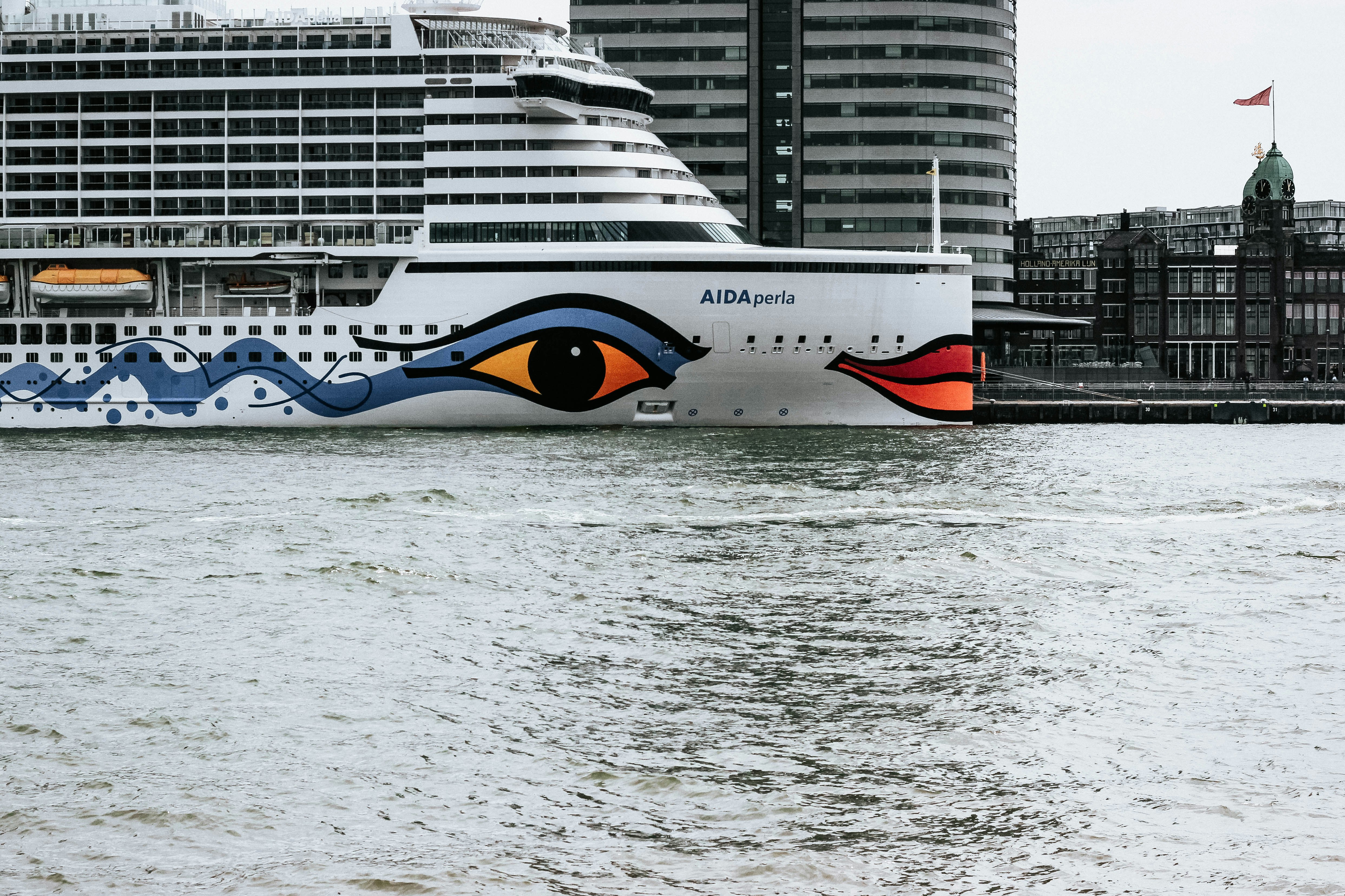 white cruise ship, Cruise ship enters Rotterdam