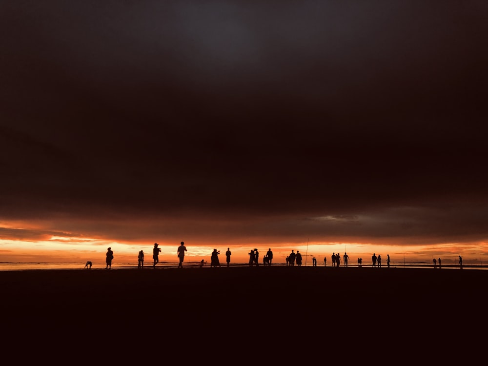 silhouette of people standing under dark clouds during golden hour