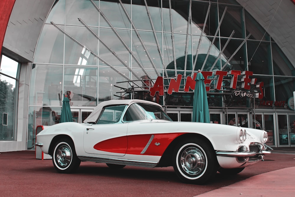 white and red vintage coupe