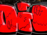 Photograph of an urban scene featuring graffiti art with bold red accents.