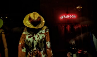 A mannequin dressed in a floral-patterned bohemian dress and wearing a wide-brimmed straw hat is displayed in a dimly lit window. In the background, a red neon sign spells out the word 'Freedom'. The scene gives off a vintage vibe with an emphasis on artistic and free-spirited expression.
