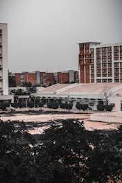An urban landscape with multiple buildings, some tall and modern with a brick facade, and others shorter with a more utilitarian design. Trees and vegetation occupy the foreground, adding a touch of greenery to the otherwise muted architectural scene.
