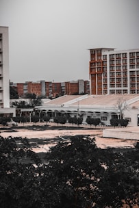 An urban landscape with multiple buildings, some tall and modern with a brick facade, and others shorter with a more utilitarian design. Trees and vegetation occupy the foreground, adding a touch of greenery to the otherwise muted architectural scene.